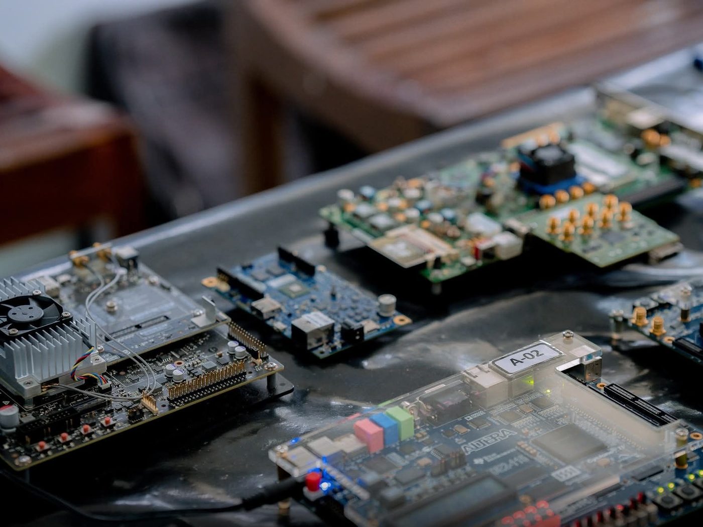 FPGA development boards on the bench in the PeraMorphIQ hardware laboratory